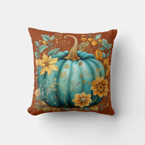 Teal Pumpkin Autumn Boho Fall Caramel Throw Pillow