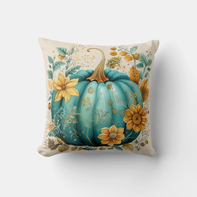 Teal Pumpkin Autumn Boho Fall Ecru Throw Pillow (Front)
