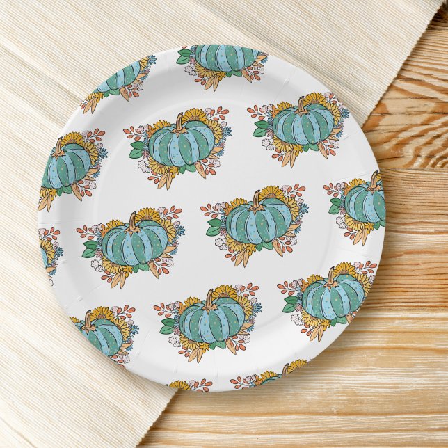 Teal Pumpkin Fall Floral Pattern Paper Plates (Creator Uploaded)