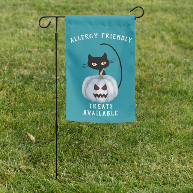 Teal Pumpkin Halloween Black Cat Allergy Friendly Garden Flag (In SItu)