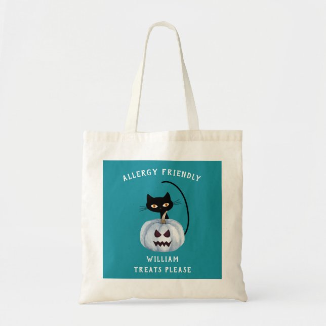 Teal Pumpkin Halloween Black Cat Allergy Friendly Tote Bag (Front)