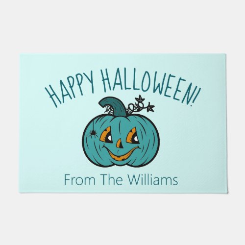 Teal Pumpkin JackoLantern Happy Halloween Doormat