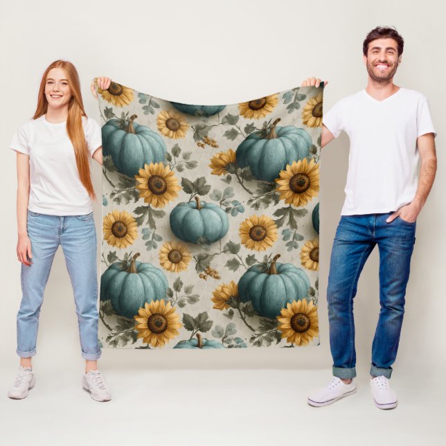 Teal Pumpkins and Golden Sunflowers Fleece Blanket (In Situ)