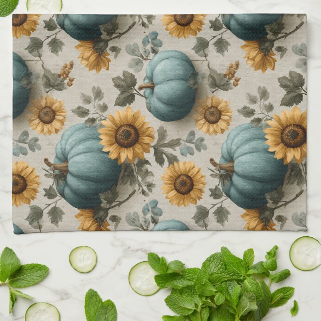 Teal Pumpkins and Golden Sunflowers Kitchen Towel (Folded)