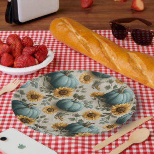Teal Pumpkins and Golden Sunflowers Paper Plates