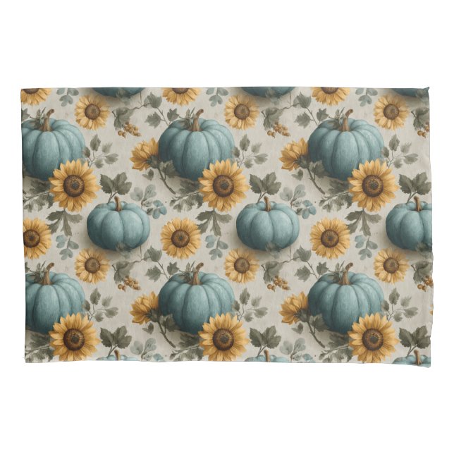 Teal Pumpkins and Golden Sunflowers Pillow Case (Front)
