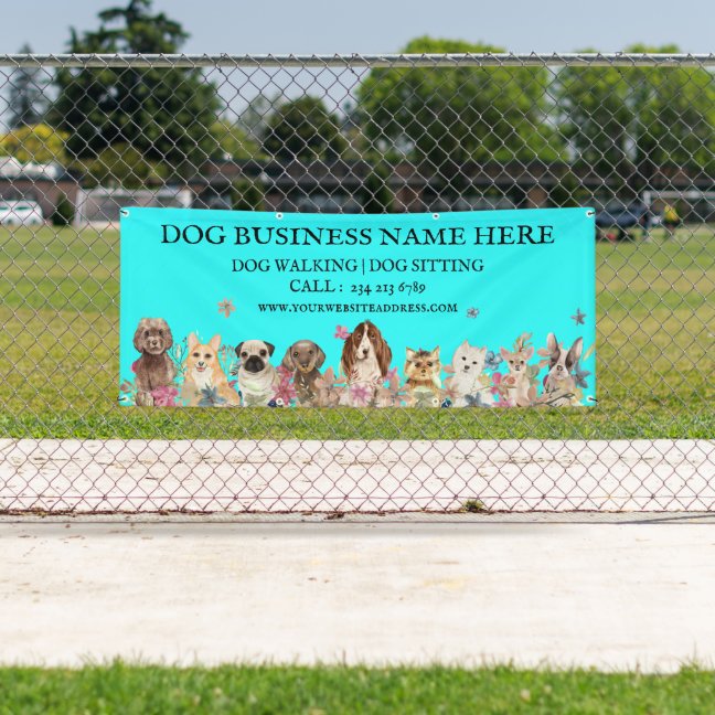 Teal Puppies on Floral Botanical Dog Groomer Banner