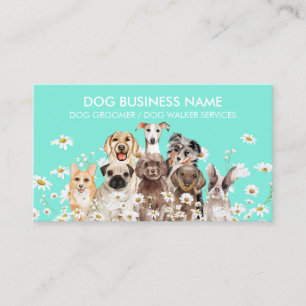 Teal Pups in Daisy Flowers, Dog Groomer Pet Sitter Business Card