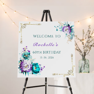 Teal Purple and Gold Floral Party Sign