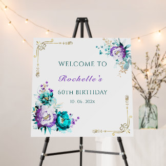 Teal Purple and Gold Floral Party Sign