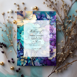 Teal, Purple, and Gold Floral Wedding Invitation