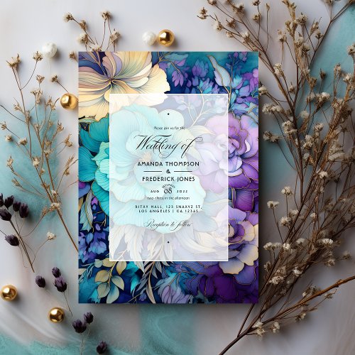 Teal Purple and Gold Floral Wedding Invitation