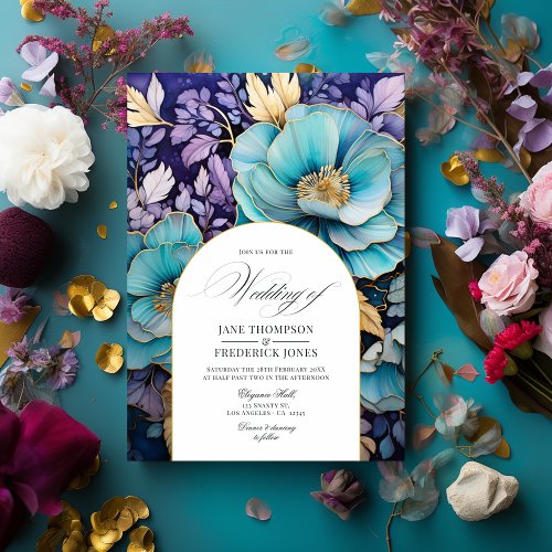 Teal Purple and Gold Floral Wedding Invitation