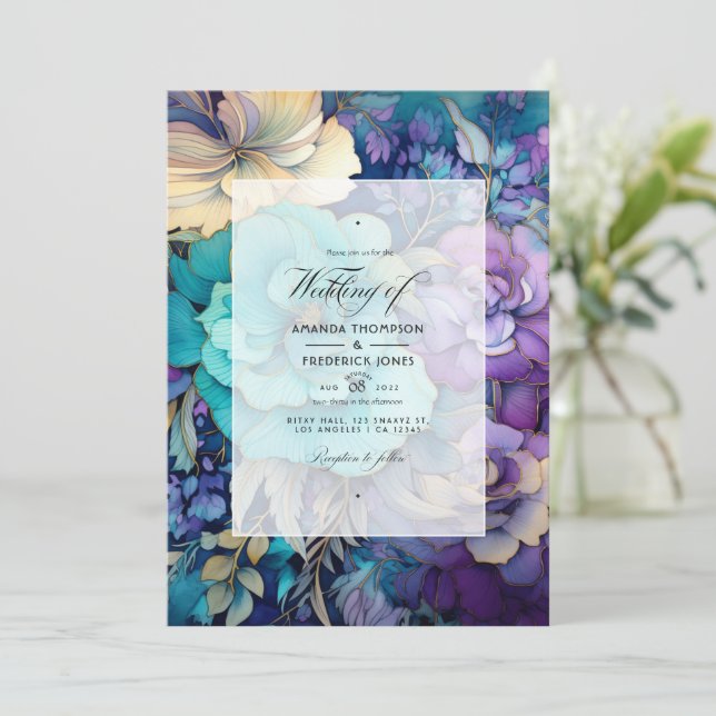Teal, Purple, and Gold Floral Wedding Invitation (Standing Front)