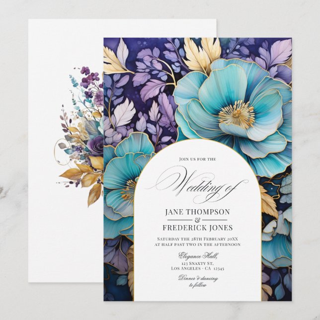 Teal, Purple, and Gold Floral Wedding Invitation (Front/Back)