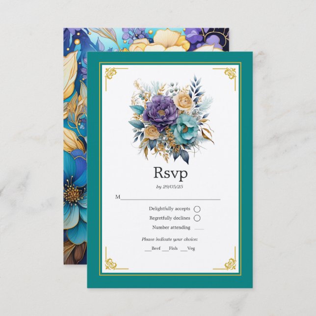 Teal, Purple, and Gold Floral Wedding RSVP Card (Front/Back)
