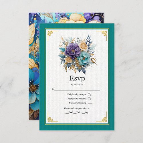 Teal Purple and Gold Floral Wedding RSVP Card