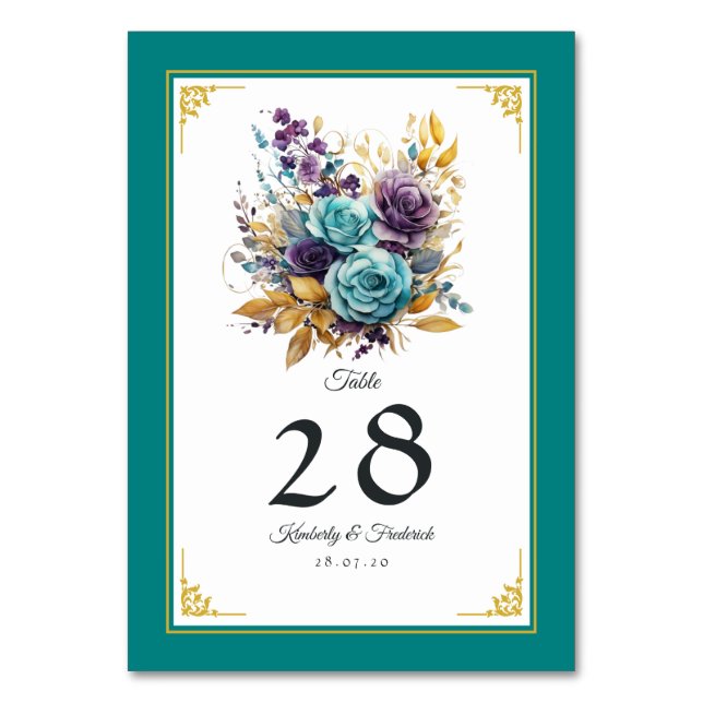 Teal, Purple, and Gold Floral Wedding Table Number (Front)