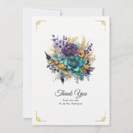 Teal, Purple, and Gold Floral Wedding Thank You Card