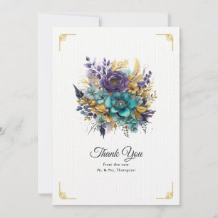 Teal, Purple, and Gold Floral Wedding Thank You Card