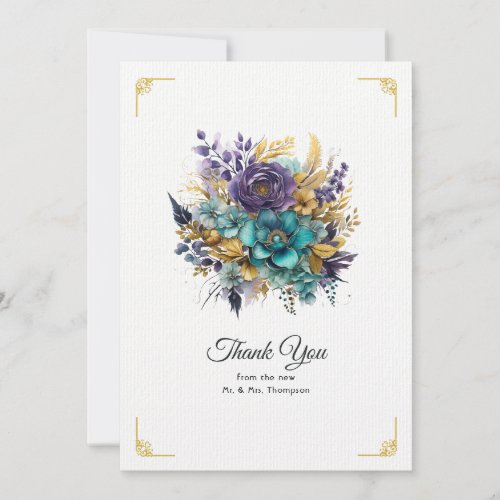 Teal Purple and Gold Floral Wedding Thank You Card