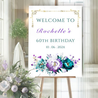 Teal Purple and Gold Floral Welcome Sign