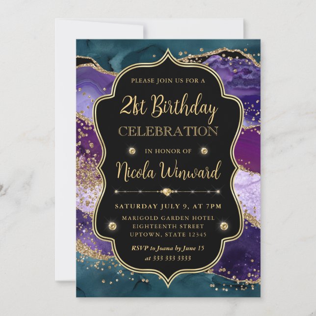 Teal, Purple and Gold Glitter Agate Frame Birthday Invitation (Front)