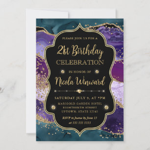 Teal, Purple and Gold Glitter Agate Frame Birthday Invitation