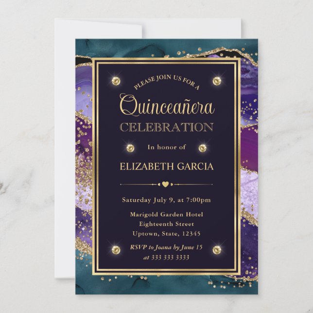 Teal, Purple and Gold Glitter Agate Quinceanera Invitation (Front)