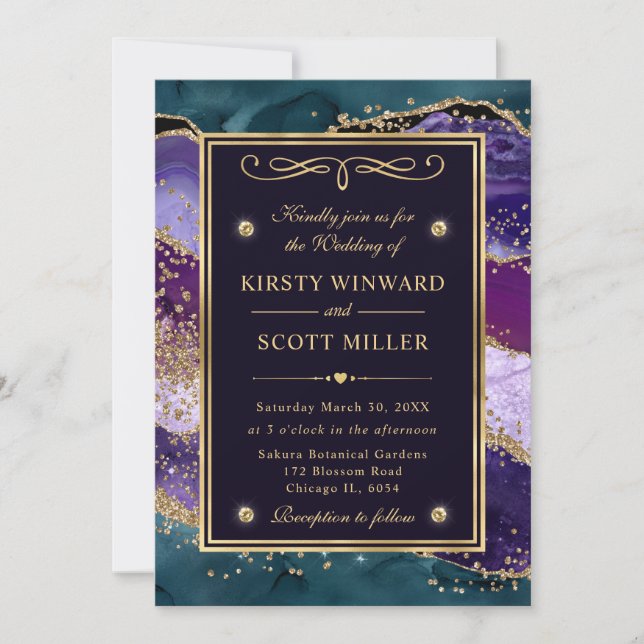 Teal, Purple and Gold Glitter Agate Wedding Invitation (Front)