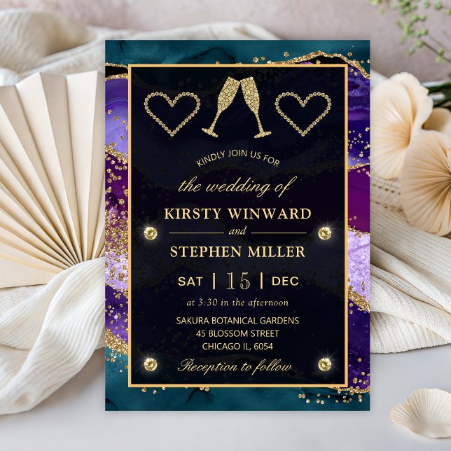Teal, Purple and Gold Peacock Agate Wedding Invitation (Creator Uploaded)