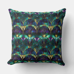 Teal, Purple and Gold Peacock Stained Glass Throw Pillow