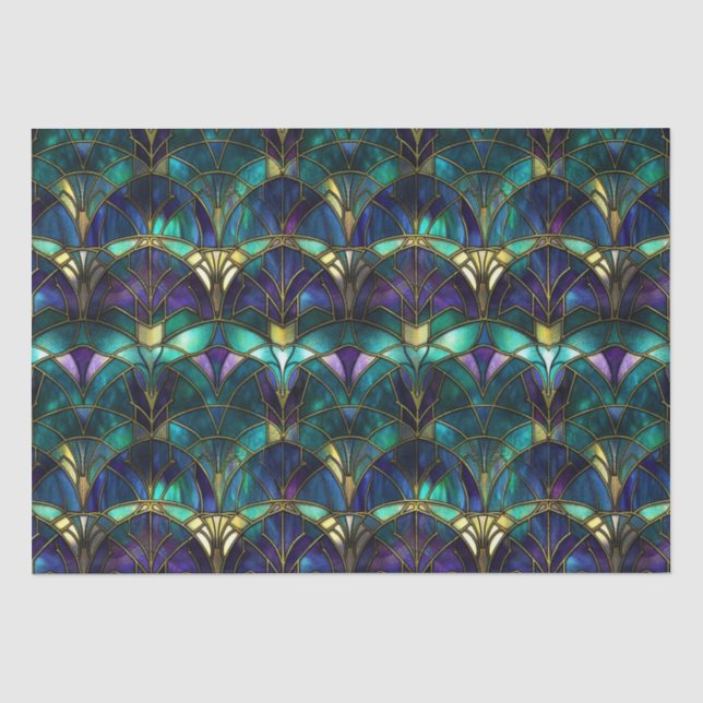Teal, Purple and Gold Peacock Stained Glass Tissue Paper (Front)