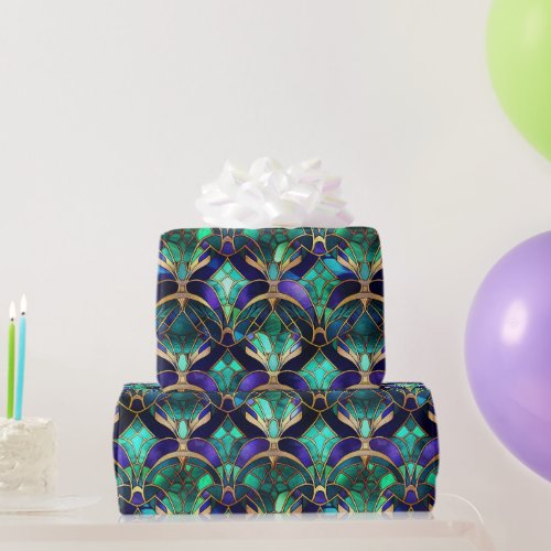Teal Purple and Gold Peacock Stained Glass Wrapping Paper