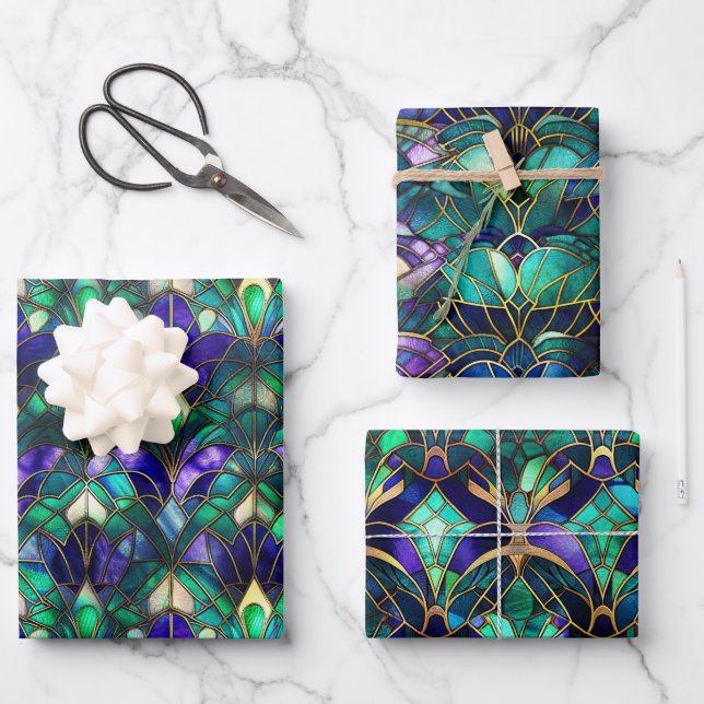 Teal, Purple and Gold Peacock Stained Glass Wrapping Paper Sheets (Front)