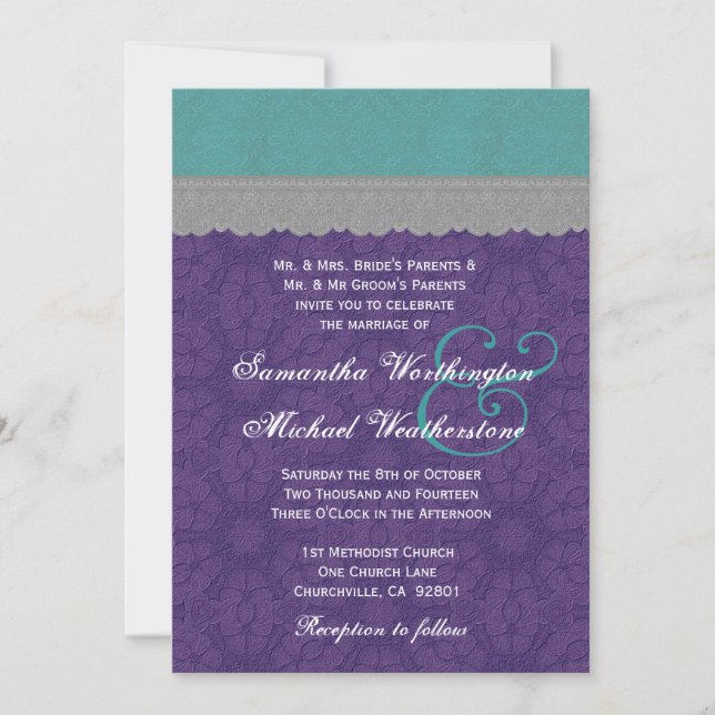 Teal, Purple and Gray Lace Wedding Monogram G500E4 Invitation (Front)