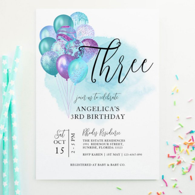 Teal Purple Balloons 3rd Birthday Invitation (Creator Uploaded)