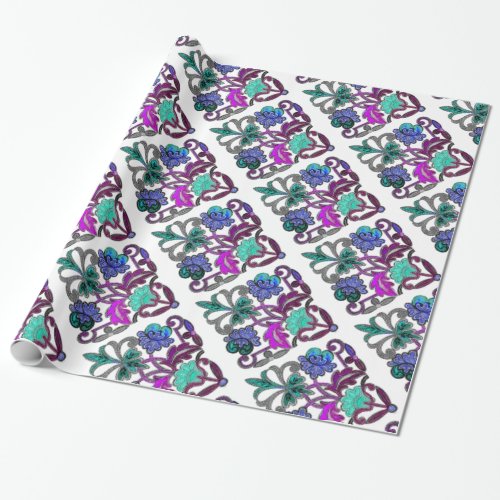 TEAL PURPLE BLUE GREEN EMBROIDERY FLOWERS WRAPPING PAPER