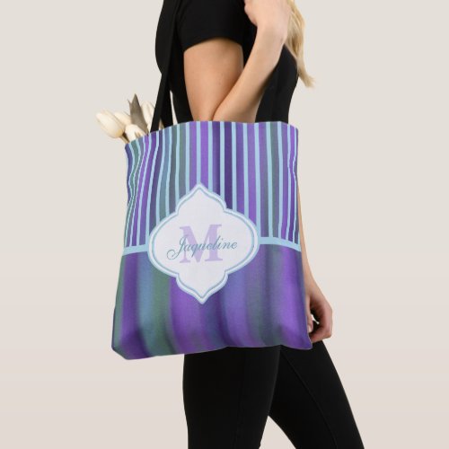 Teal Purple Blue Green Monogram Stripe Tote Bag