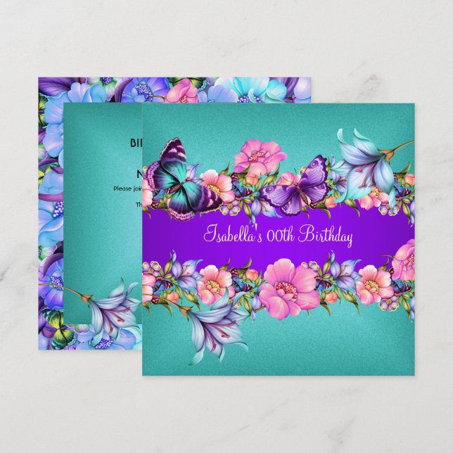 Teal Purple blue Pink Butterfly Birthday Party 2 Invitation (Front/Back)