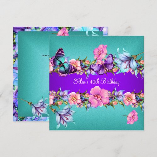Teal Purple blue Pink Butterfly Birthday Party Custom Invitations