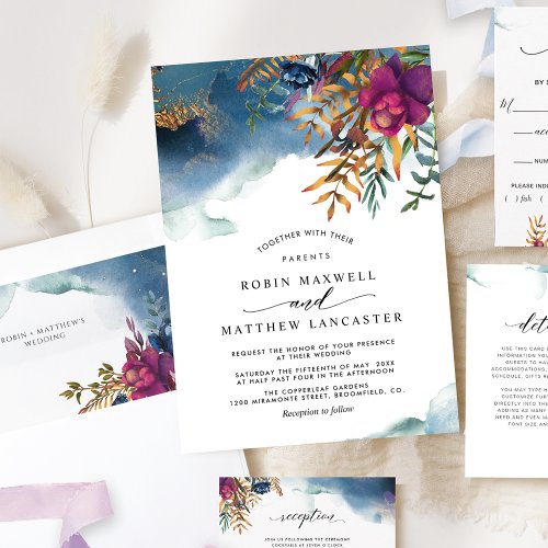 Teal Purple Blue Watercolor Mystic Garden Wedding Invitation