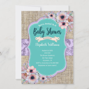 Teal Purple Burlap Watercolor Flowers Baby Shower Invitation