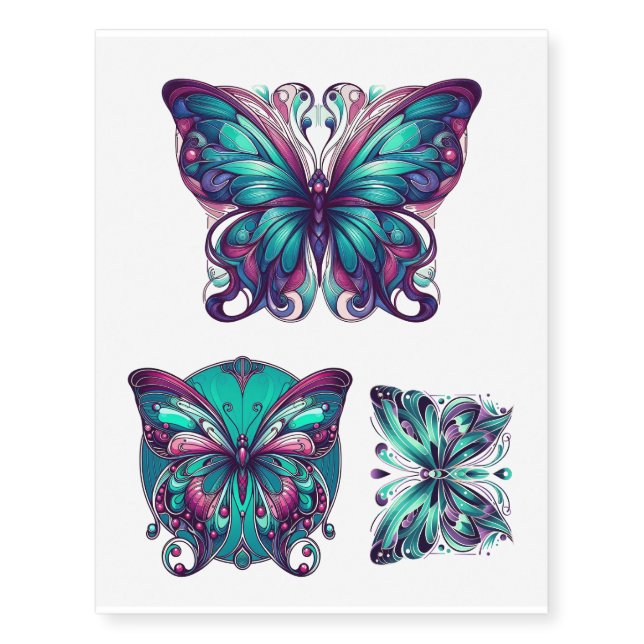 Teal & Purple Butterflies Set of 3 Temporary Tattoos (Front)