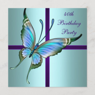 Teal Purple Butterfly Elegant 40th Birthday Party Invitation