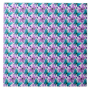 Teal purple butterfly floral pattern  ceramic tile