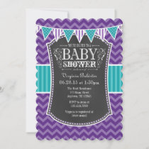 Teal Purple Chalkboard Chevron Baby Shower Invite