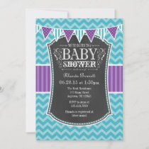 Teal Purple Chalkboard Chevron Baby Shower Invite