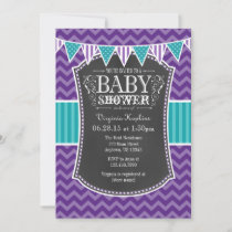 Teal Purple Chalkboard Chevron Baby Shower Invite