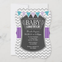 Teal Purple Chalkboard Chevron Baby Shower Invite